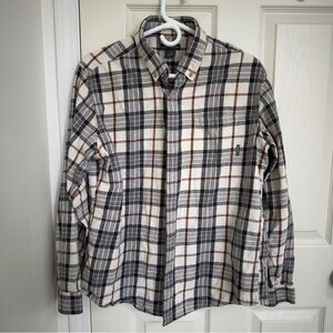 Large Eddie Bauer Black and White Plaid Button-Down Shirt - 100% Cotton